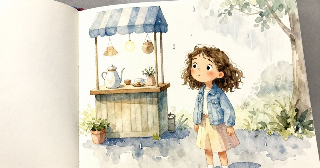 米拉發現雨滴濕透了畫冊，筆跡模糊，她急忙躲進茶亭，表情有些驚訝。