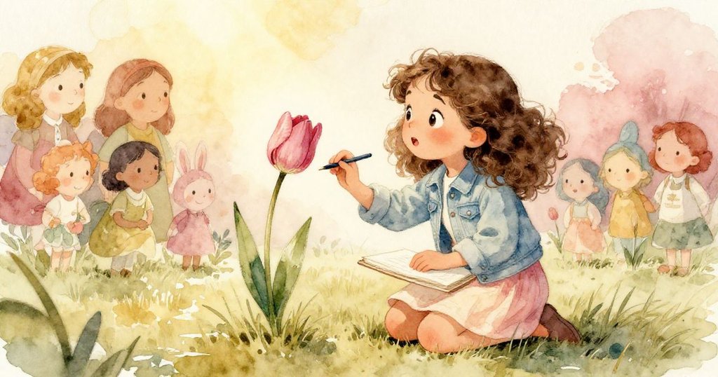 米拉跪在濕潤草地上，用畫冊記錄重新綻放的鬱金香，背景中有持彩傘遊客，她滿懷期待。