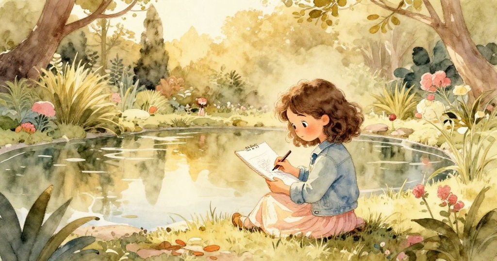 米拉在寧靜池塘邊完成她的畫作，陽光透過雲層灑下溫柔金光，她滿懷平靜與成就感。