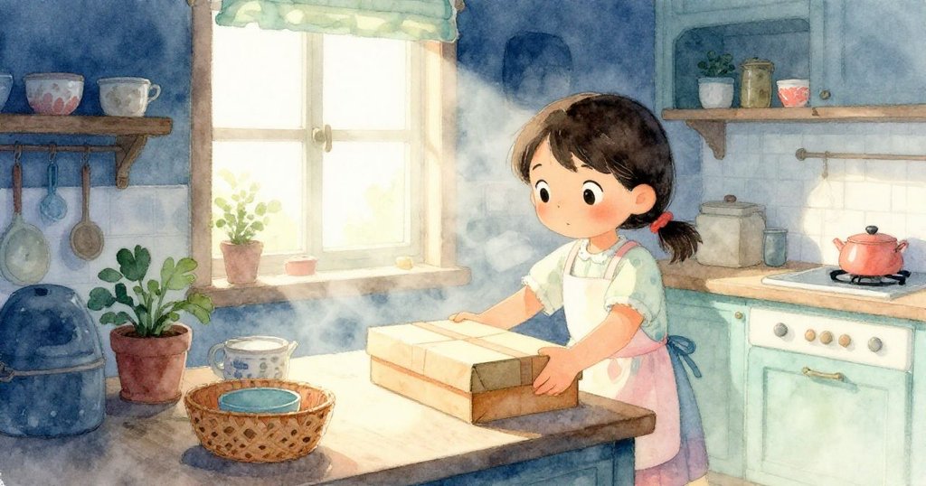 Miko在晨霧中於廚房櫃台上放置長盒子，溫暖光線透入窗外，展示家庭聚會前準備的期待情緒。