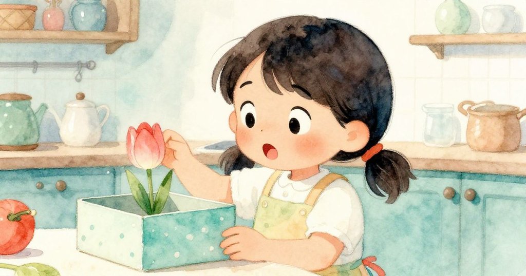 Miko驚訝地盯著剛從盒中滑落的鬱金香，臉龐呈現好奇與興奮，櫃台細節與柔和燈光突顯溫馨氛圍。