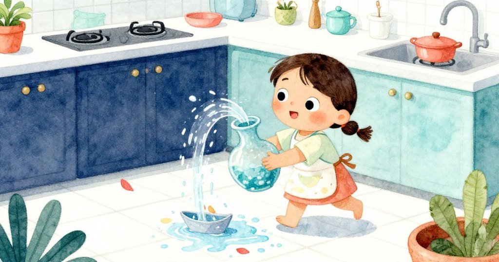 高處視角中，Miko迅速抓住搖晃花瓶，清水自地板流下，漂浮花瓣如小舟點綴，呈現驚險又聰慧瞬間。