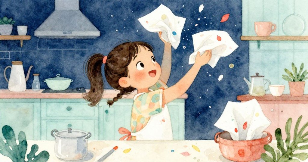 Miko忙碌地折疊餐巾嵌入花瓣，雙手迅捷展現急迫創意，混亂水跡映襯廚房緊張但充滿希望氛圍。