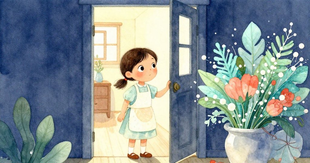 Miko微笑著於門前迎接敲門聲，整理濕手並展露堅定神情，走廊柔光映襯家庭溫馨結局。