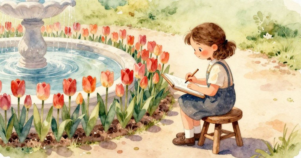 從高處俯視，滾動的鉛筆掠過石頭，水花四濺並映襯出鬱金香，呈現情節發展活躍的場景