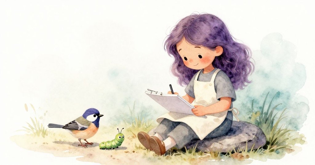 Lena安坐石上專心繪畫，筆下呈現活潑麻雀與毛毛蟲，象徵創作收穫與情節最終平靜