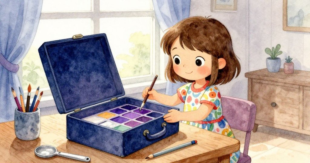 米婭在窗邊溫暖室內打開藝術盒，滿臉期待與興奮，散落的畫材映襯出家的溫馨。