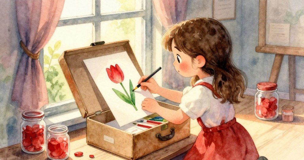 窗邊畫桌近鏡頭展示紙張與紅綠畫料瓶，柔和光線突顯物品質感，充滿藝術創作氛圍。