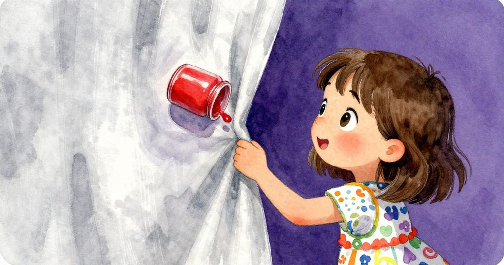 從後方觀察米婭驚訝凝視搖曳窗簾與傾斜畫料瓶，柔光映照室內雕刻瞬間情感。