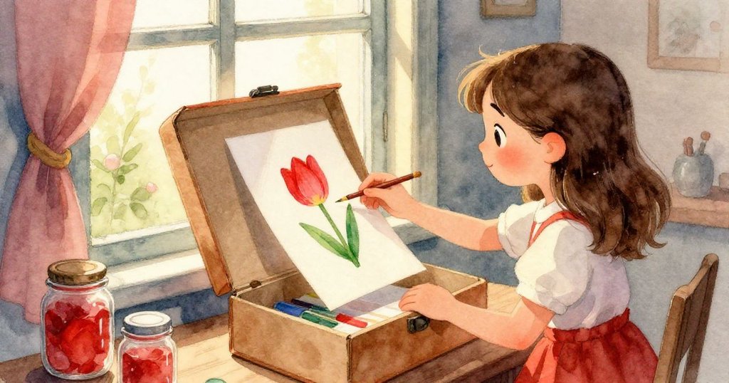 從上方俯視展現米婭紙上意外濺灑的紅綠畫料，融合出春雨花園般動人畫面，散發藝術魅力。