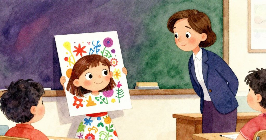 米婭滿懷喜悅掛上創意畫作，藝術導師在晨光中停步欣賞，室內洋溢著成就與溫馨情懷。