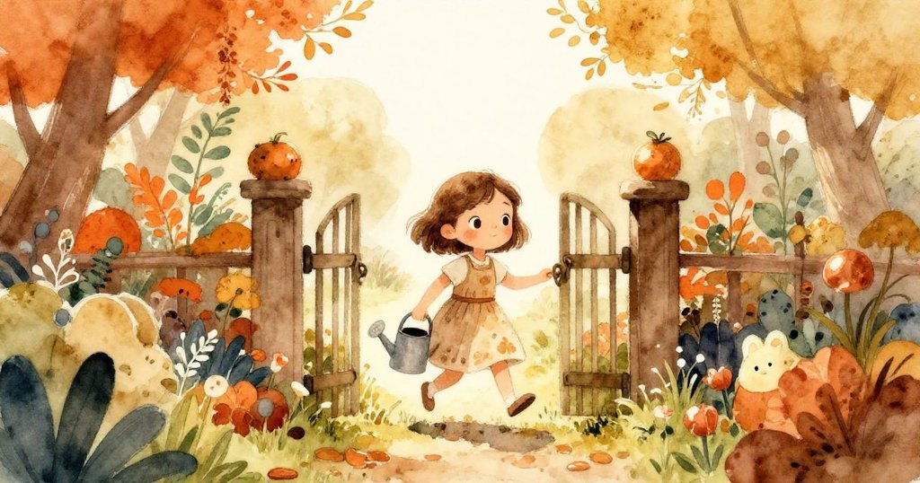 莉娜手持小水壺走進充滿陽光的花園，臉上滿是期待，背景展示綠意盎然的入口與鮮豔花卉，散發溫暖氣息。