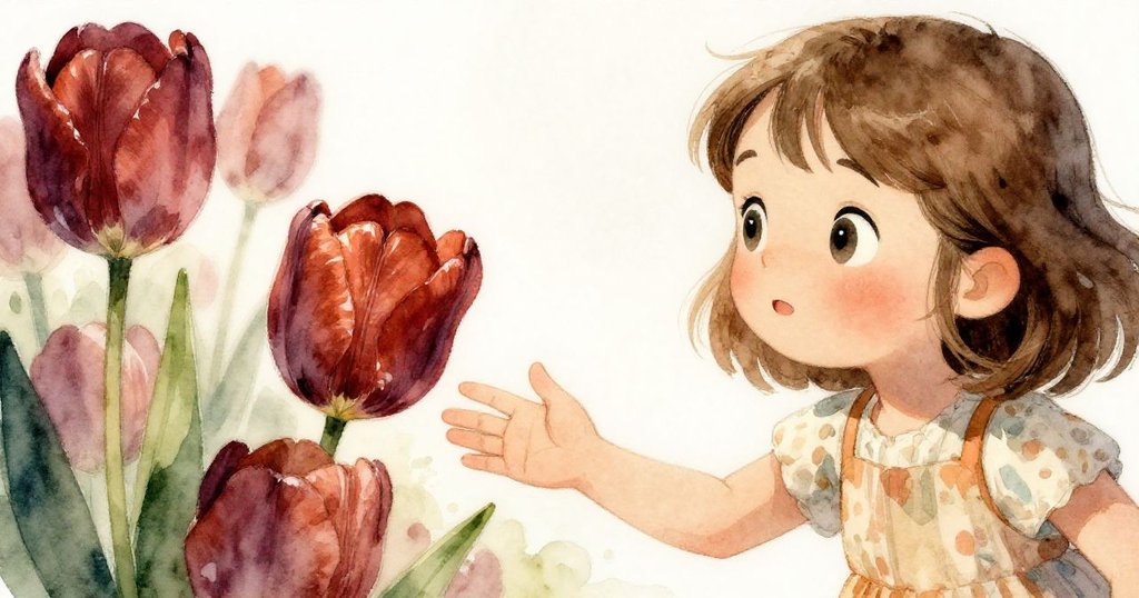 莉娜好奇地俯身靠近鮮豔的鬱金香，手勢溫柔，花瓣在柔光中呈現細膩質感，象徵生命與希望。