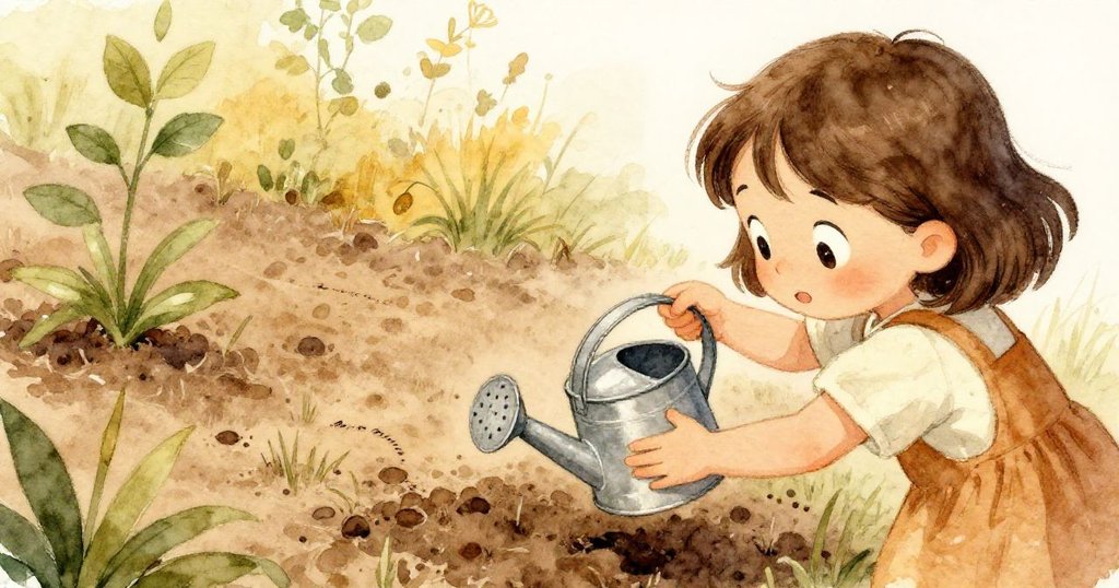 莉娜從背後觀察，手中傾斜著小水壺，鏡頭聚焦在未流出水的金屬噴口及等待的乾燥泥土與蟻跡，充滿細膩自然情趣。