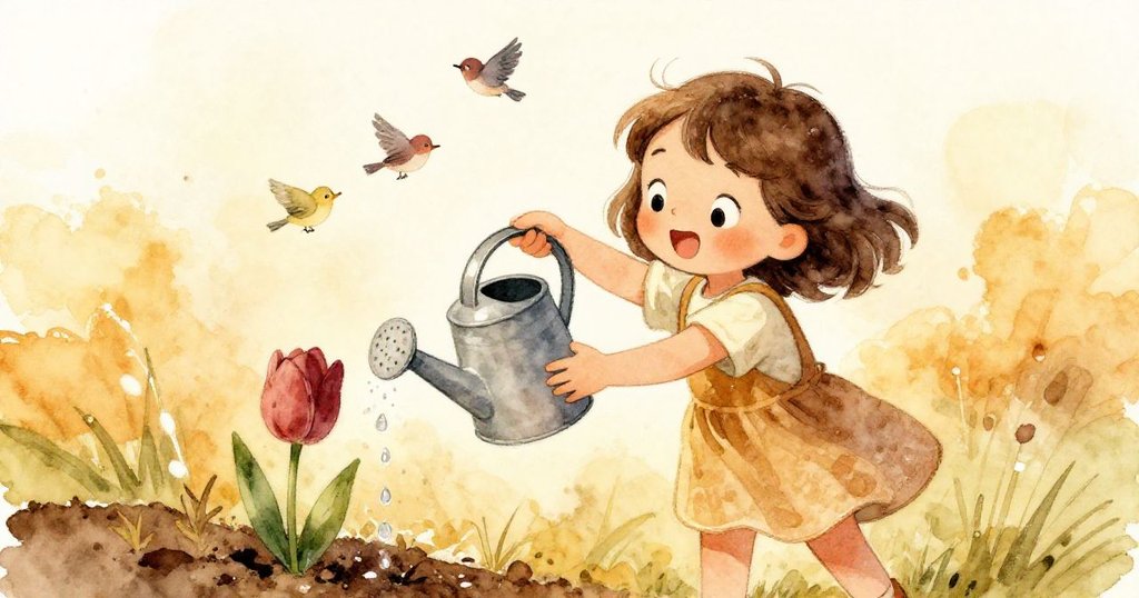 莉娜在溫暖午後搖動小水壺，水滴從噴口緩緩流出滴落在鬱金香與乾燥泥土上，鳥兒在樹籬上歡唱，充滿生機。
