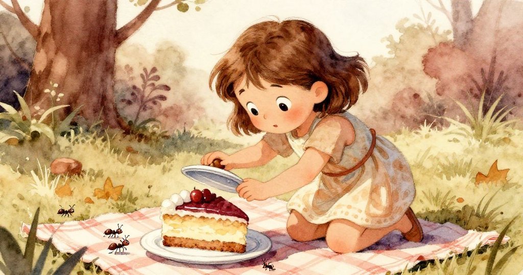 莉娜急速拉上蛋糕的蓋子以防螞蟻侵入，臉上流露出專注與驚訝，背景為野餐布與溫柔陽光灑落的花園。