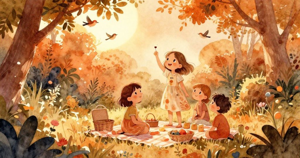 莉娜在夕陽餘暉中展露喜悅，背景為生機盎然的花園、輕柔鳥鳴與和諧重聚的自然元素，營造溫暖寧靜的氛圍。