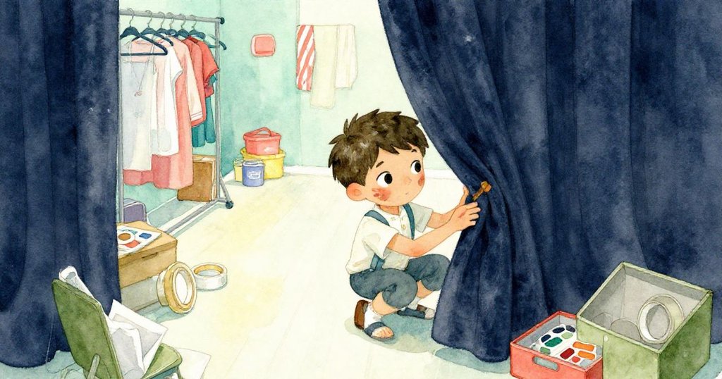 Milo 在後台天幕前蹲伏檢查顏料箱與膠帶,背景有服裝架與散落道具,神情專注準備開場