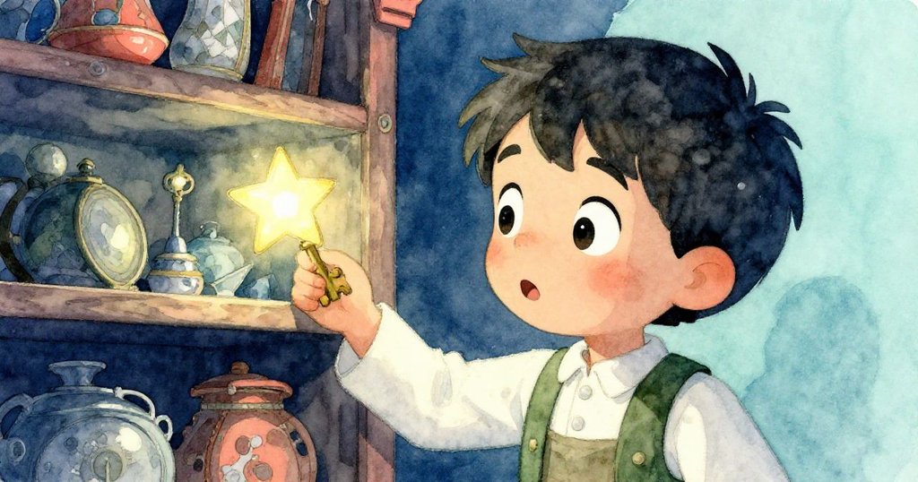 Milo 在高架層發現閃光星形黃銅鑰匙,臉上流露出驚喜與好奇神情,背景堆滿舊道具神祕氛圍