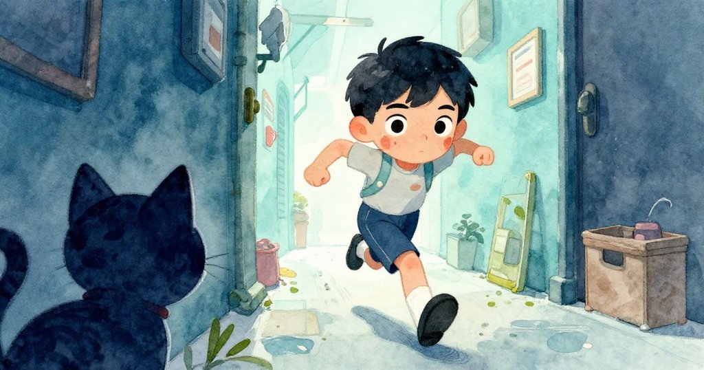 Milo 在狹窄後台急行,舞台貓從低角度觀察,背景布景搖擺動感,氣氛緊迫且有趣