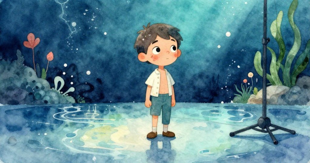 Milo 靠近道具架靜立,舞台地板反射出如水般波光粼粼,營造夢幻水下般柔美光影