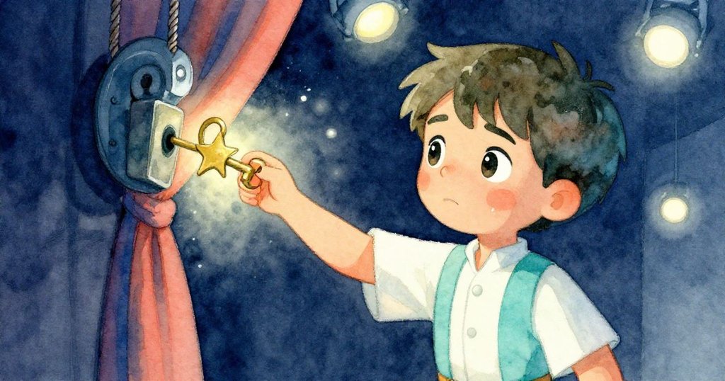 Milo 將星形鑰匙插入幕桿鎖,鎖扣響起伴隨舞台燈光柔和閃現,找回失蹤手電筒