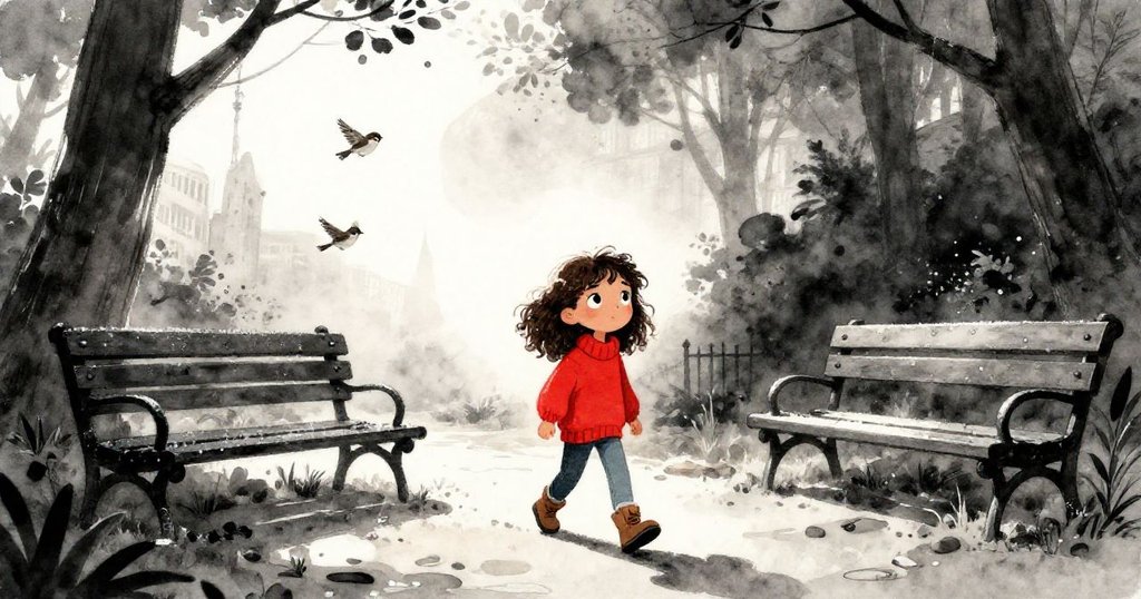 Mira踏入公園早晨光線中，手持相機和三腳架，背景為露水閃爍的長椅與雀鳥飛舞，臉上帶著堅定笑容。