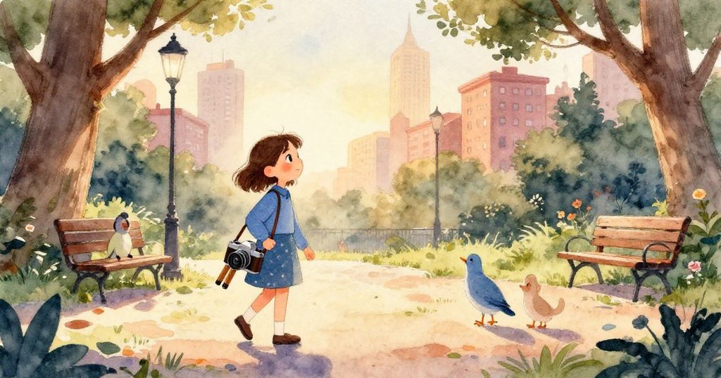 Mira的舊相機鏡頭特寫，露珠在鏡面上閃爍，細膩呈現工具歲月痕跡與探索期待，充滿故事感。