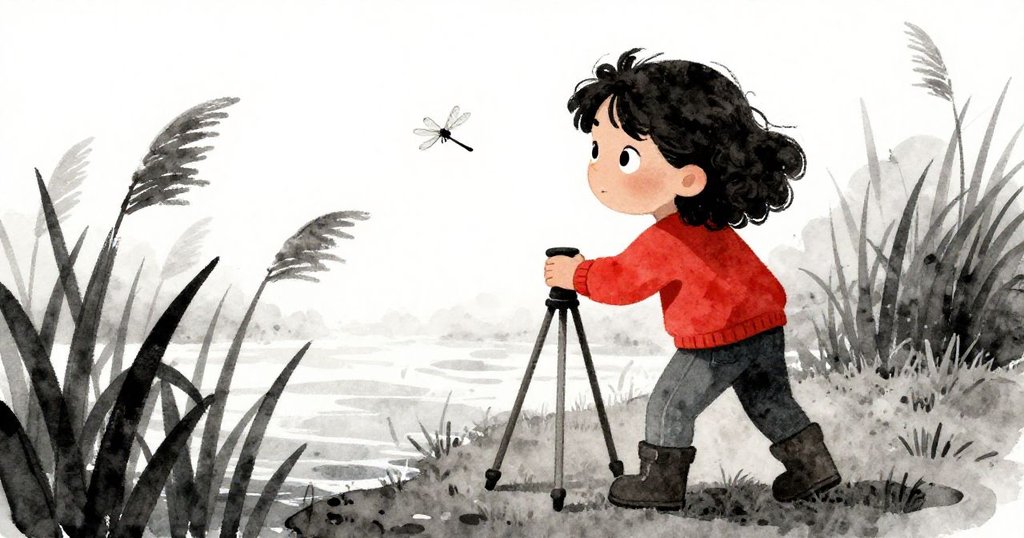 Mira背影面向池塘，調整三腳架位置，周圍蘆葦與蜻蜓飛舞，眼神專注充滿期待，展現探索韻味。