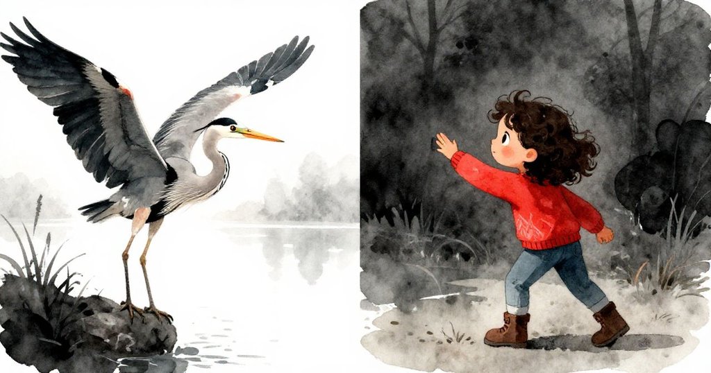 Mira按下快門抓拍瞬間，畫面分為現實與夢幻兩部分，鷺鳥展翅衝擊青銅水面，帶來驚奇與詩意感受。