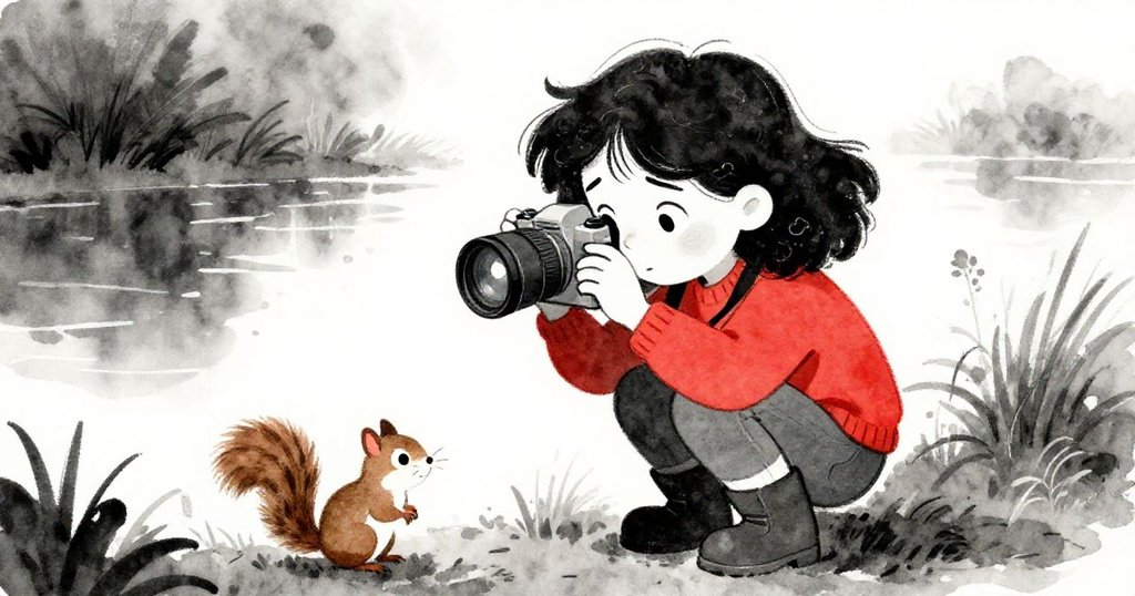 Mira蹲在濕潤地面上清潔鏡頭，臉上展現堅定專注之情，旁邊小松鼠穿梭點綴充滿細節的城市公園。