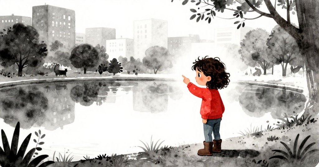 Mira靜坐公園邊仔細檢視相片，寧靜池面映出輕柔漣漪與隱約動物情侶，情緒平和滿足。