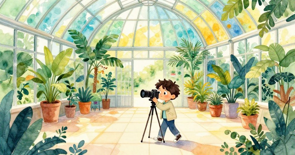 米洛走進植物溫室，脚架輕觸瓷磚，彩色玻璃天頂灑下金光，展現探索初始的興奮與好奇。