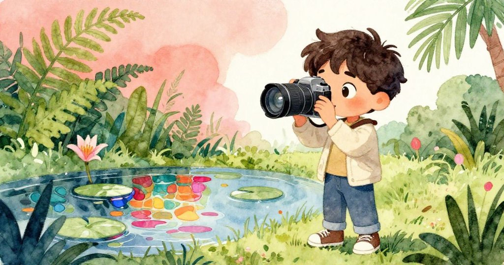 米洛專注地操作相機，背景中彩玻璃與蓮池相映成趣，明亮光線與植物營造出美麗對比。