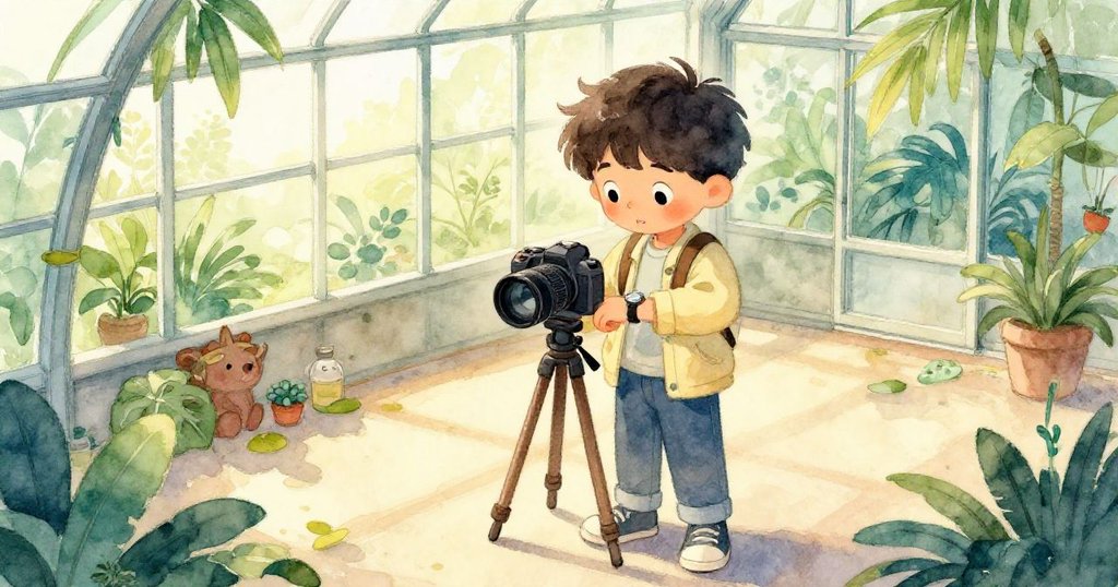 從高角度看，米洛低頭檢查手錶並調整腳架，呈現出他準確捕捉光線與角度的專注神情。