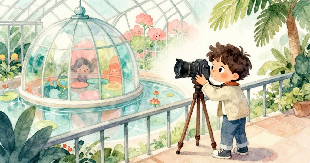 從高處觀察，米洛調整腳架對準彩玻璃與蓮池倒影，光影交織呈現出充滿動感與和諧的美。