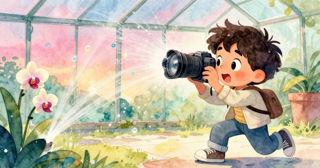 水霧突然四濺，米洛驚訝握緊相機，水滴在光線下折射出斑斕色彩，室內充滿緊張與奇妙瞬間。