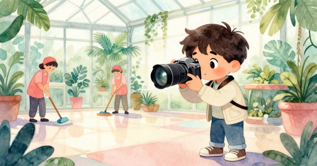 米洛滿意地查看相機預覽，員工在清理色彩斑斕的瓷磚，溫室恢復平靜，展現結束後的柔和與安寧。