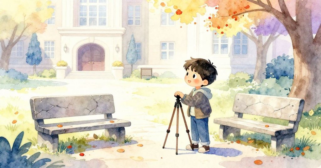 清晨，Leo在大學庭院裡展開三腳架，旁邊有裂縫的石凳，天空呈現蒼白曙光，充滿期待與輕快感。