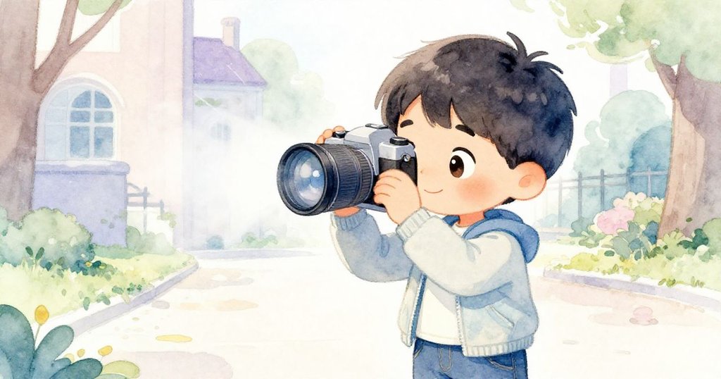 Leo專注抹去相機鏡頭上的霧氣，臉上流露出希望與些許沮喪，背後庭院微光映襯。