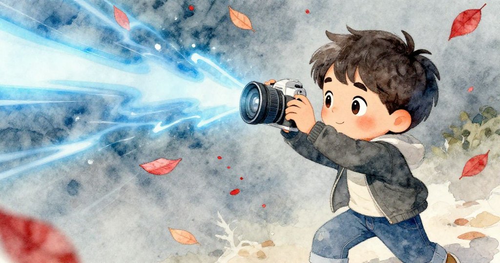 使用魚眼鏡頭呈現扭曲視角，Leo按下快門，相機捕捉飄逸落葉與遠處閃現的翠藍鳥影，充滿動感。