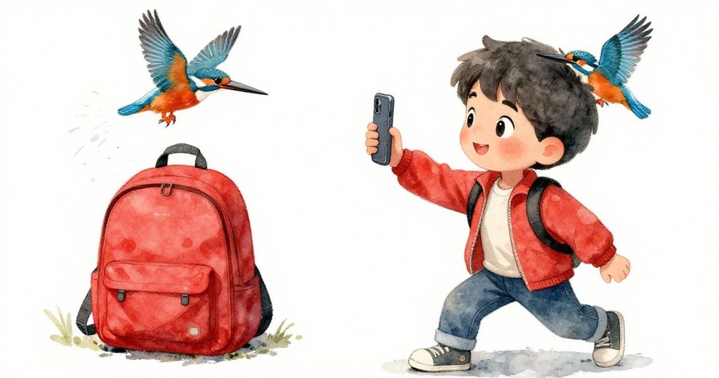 Leo驚訝中迅速拍攝，王家翠鳥振翅離去，動作與反應交織成一刻充滿緊湊動感的故事。