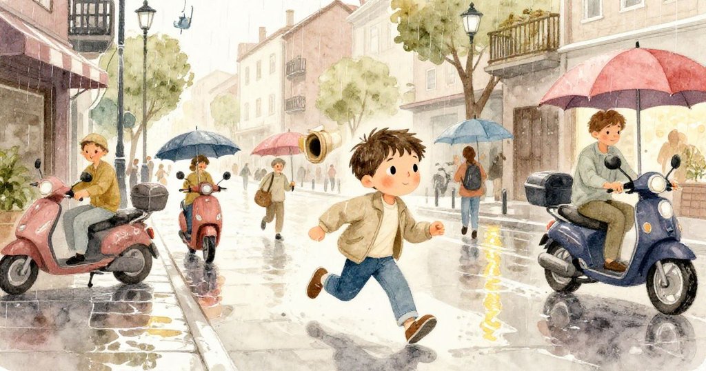 伊利亞急忙奔向河畔拱廊，濕石上霓虹閃爍，周圍人潮與車流交錯，充滿急切期待。