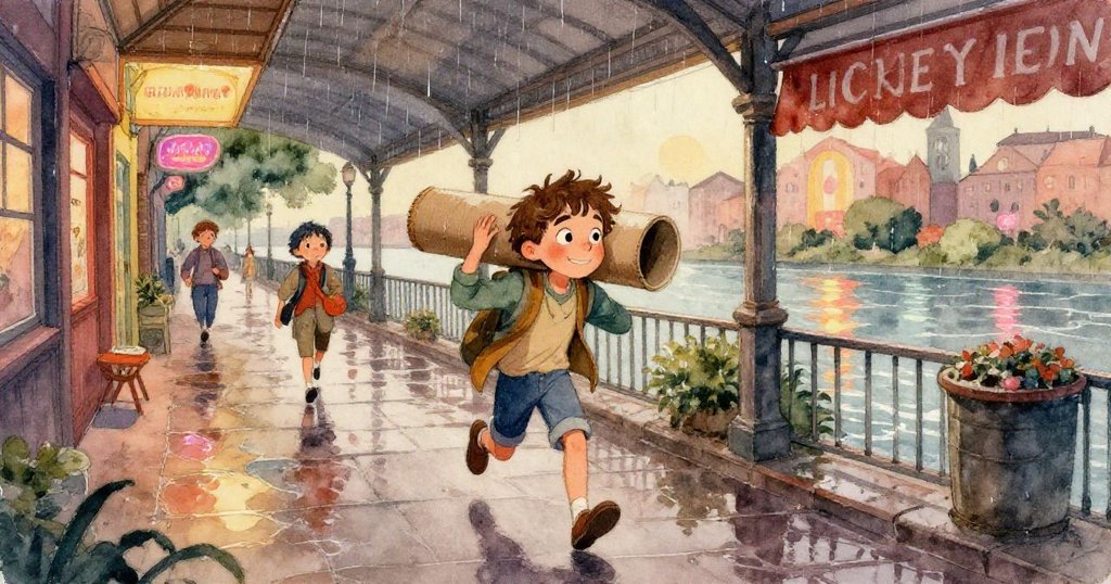 伊利亞握著紙板管，雨滴在塑膠帽上凝結，細節中展現都市雨天中的溫柔與堅持。