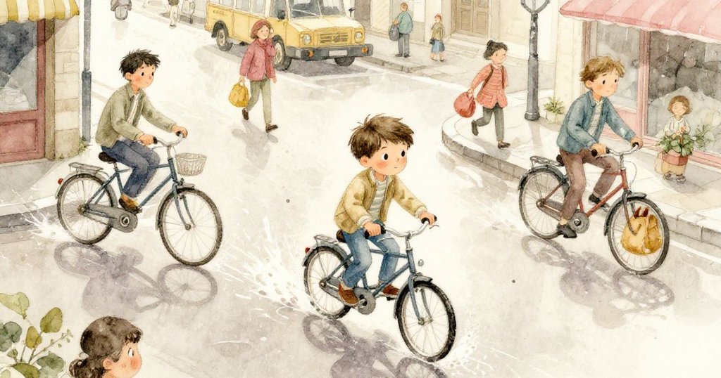 從高處俯瞰，伊利亞小心閃避濺起的水花和車輪，街道繁忙中透露出一絲急切與謹慎。