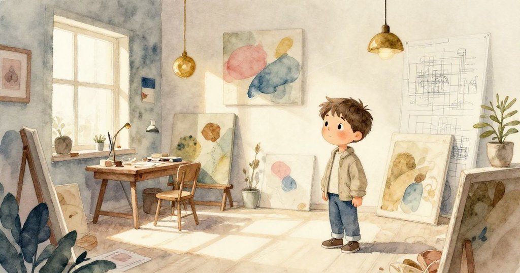 科拉工作室內，抽象畫作與藍圖交錯，不可能幾何空間中，伊利亞靜步探索，感受創意與神秘並存。