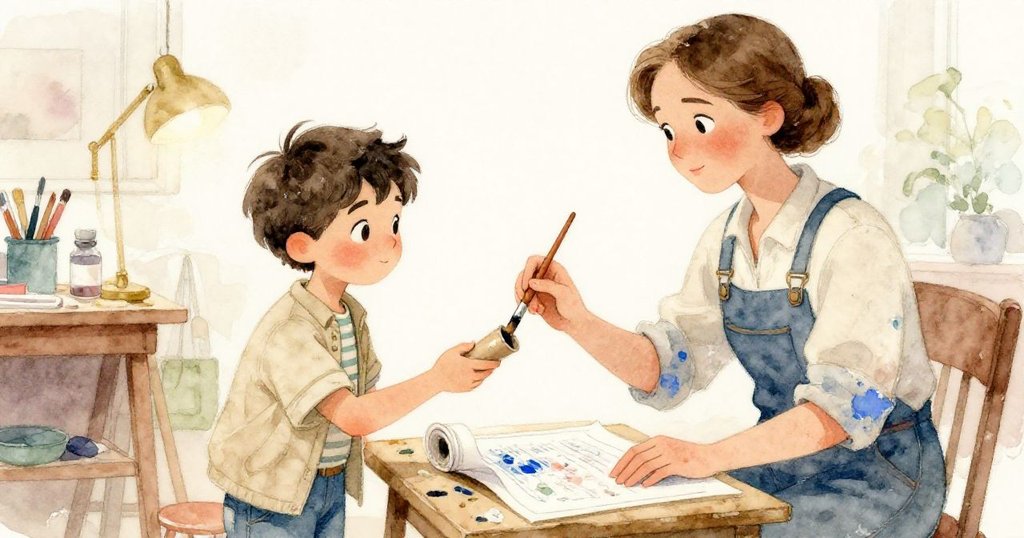 科拉走向伊利亞，用濕畫刷輕拍紙板管，意外藍圖現出，雙人互動中充滿驚喜與藝術情懷。