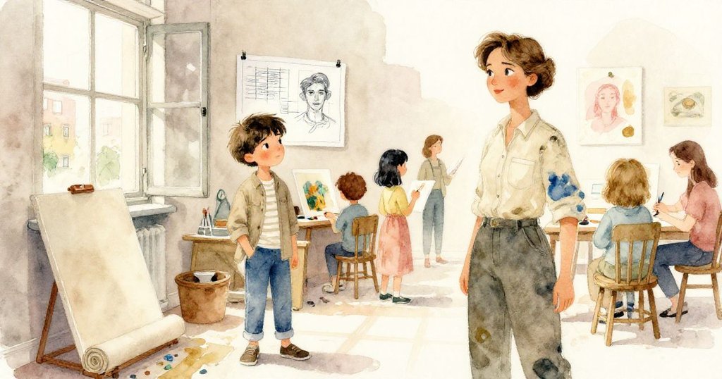 室內外融合，藍圖與畫布安放窗邊，科拉與伊利亞互動後眾觀眾靜賞藝術，創意對話延續。