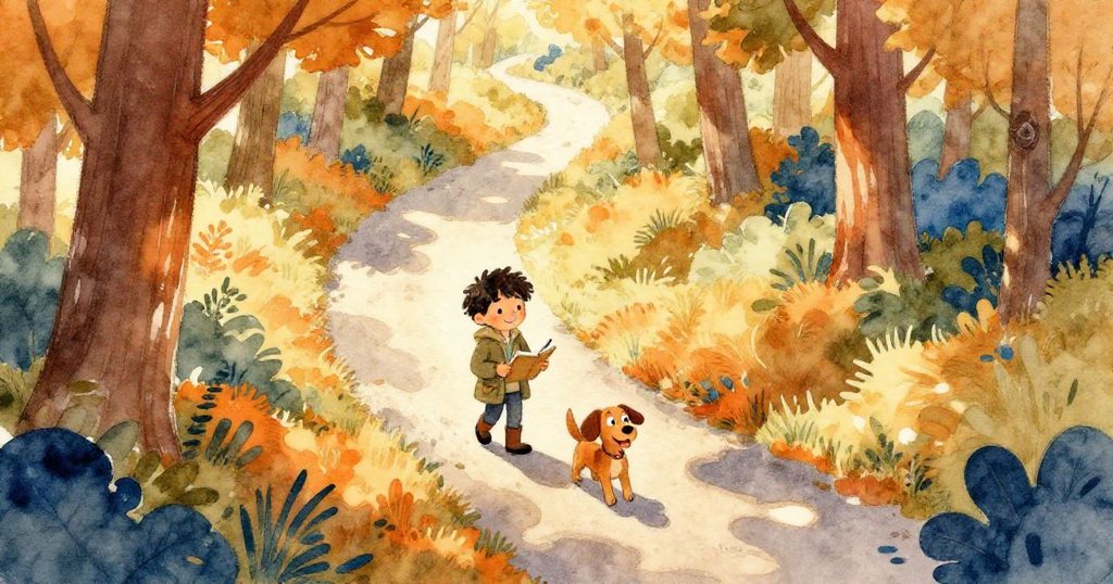 從鳥瞰視角展現茂密森林中，Leo與小獵犬在斑駁陽光下踏步前行，充滿期待與溫暖情感。