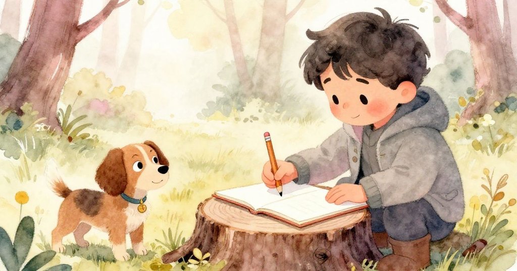 Leo在樹樁上整頓畫本與鉛筆，細膩準備繪製高大松樹，旁邊的spaniel充滿好奇注目，溫馨而專注。